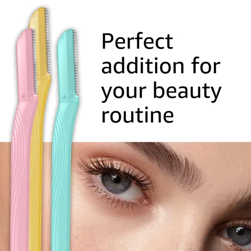 Vista 9 de Amazon Basics - Herramienta multiusos de limpieza de cejas y afeitadora facial para mujer, incluye cubierta de cuchilla, multicolor, 3