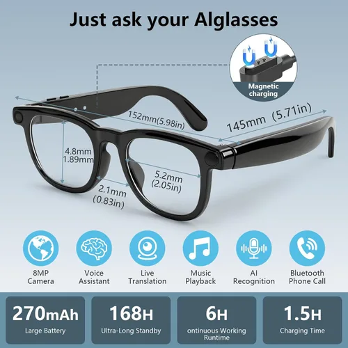 Vista 8 de Gafas inteligentes AI con cámara HD 4K y antivibración, ChatGPT gafas de control de voz integradas para grabación de video manos libres, traducción