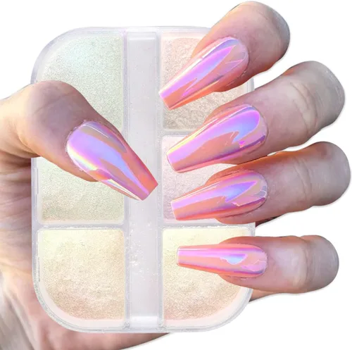 Vista 5 de Aurora - Polvo para arte de uñas, diseño holográfico de polvo fino para uñas, pigmento iridiscente para esmalte de uñas en gel, manicura