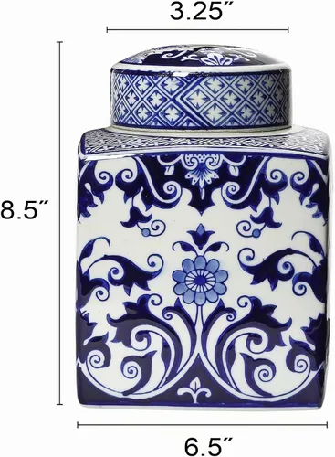 Vista 2 de Creative Co-Op - Tarro decorativo cuadrado de cerámica de jengibre con tapa para espacios pequeños, azul y blanco