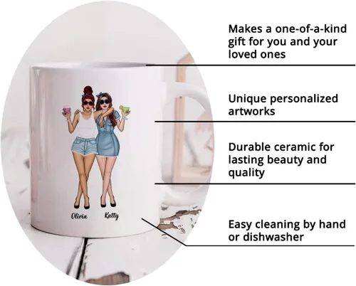 Vista 5 de Gossby Taza de café personalizada para mejores amigas, regalo personalizado para mujeres con nombre, cumpleaños, Navidad, regalo de taza de larga