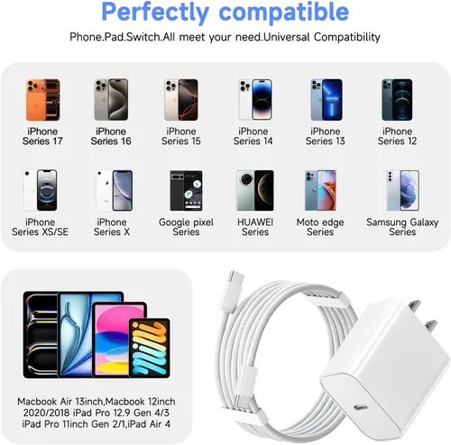 Vista 7 de Bloque de carga USB C rápido para iPhone 17 16 15, 10 pies de largo, paquete de 3 cables USBC a USBC para iPad, cable de viaje de 20 W, cable