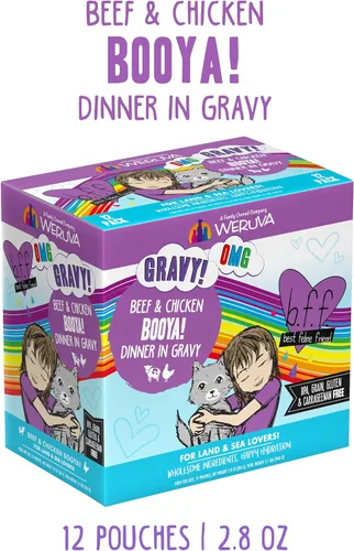 Vista 2 de Weruva B.F.F. OMG - Best Feline Friend Oh My Gravy!, Booya! - Alimento para gatos con carne de res y pollo en salsa, bolsa de 2.8 onzas