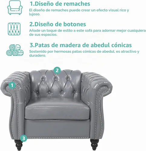 Vista 3 de QHITTY - Juego de 3 piezas para sala de estar, sofá seccional Chesterfield con silla contemporánea tapizada en cuero, sofás biplaza para sala