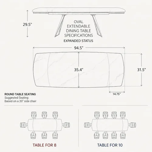 Vista 2 de Honyee Mesa de comedor de piedra sinterizada, mesa de comedor extensible con hojas, parte superior rectangular de aspecto de mármol, asientos 6-12