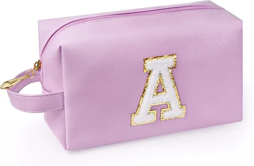 Vista 14 de Bolsa de maquillaje personalizada con inicial con asa, bolsa de cosméticos de preparación con bolsillo interior con cremallera, 8, 9, 10, 11, 12 Rosa