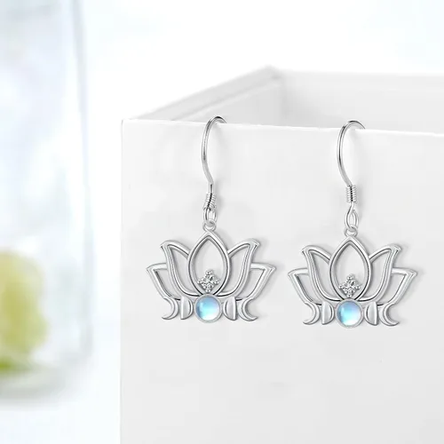 Vista 2 de SVODEA Aretes de loto de plata de ley 925 con piedra lunar y flor de loto, aretes colgantes para yoga, joyería de loto, regalos para mujeres