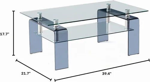Vista 2 de Mesa de centro de vidrio templado con patas de cristal, moderna mesa de centro pequeña para sala de estar (gris, 39.4 x 21.7 x 17.7 pulgadas)
