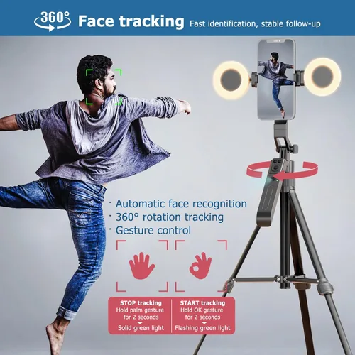 Vista 2 de Kit de vlogging de trípode de seguimiento facial automático para iPhone y teléfono Android con luces duales/micrófono inalámbrico dual/control