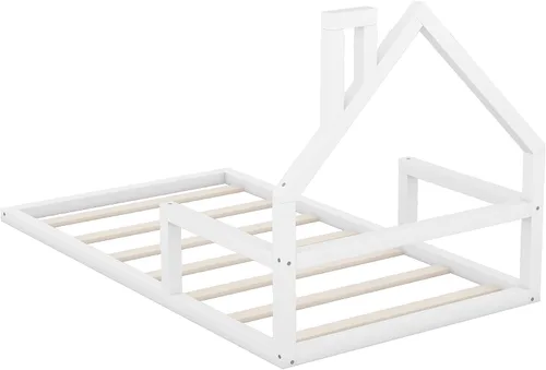 Vista 7 de P PURLOVE Base de cama de tamaño individual con cabecera en forma de casa, plataforma de madera para casa, tamaño individual con soporte de listones