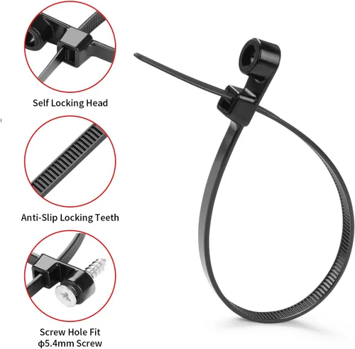 Vista 4 de 200 bridas negras de 4 pulgadas con agujero para tornillo, cabeza montable, correas de sujeción para cables de 50 libras, correas multiusos