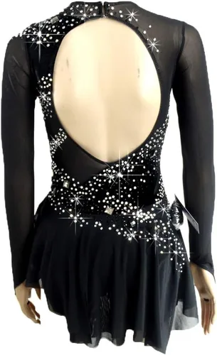 Vista 4 de LIUHUO Vestido de patinaje artístico - Vestido de terciopelo negro para competición de niñas