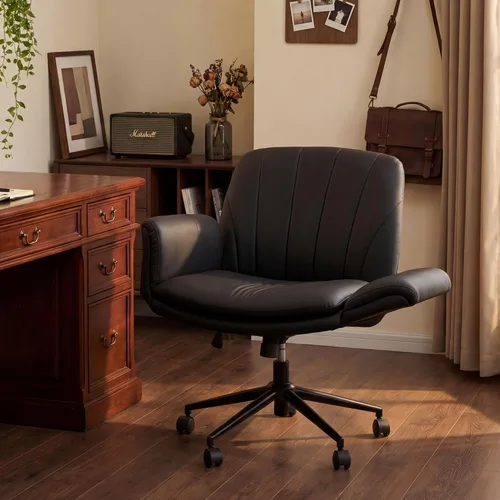 Vista 9 de Dowinx Silla Criss Cross con brazos y ruedas ajustables de cinco niveles - Cómoda silla giratoria ergonómica de cuero PU para tocador - Silla