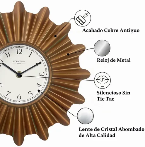 Vista 2 de Starburst Reloj de pared, silencioso, sin ticks, reloj de metal, estilo moderno (cobre antiguo, 12 pulgadas) Silent Non Ticking, Domed Glass Lens