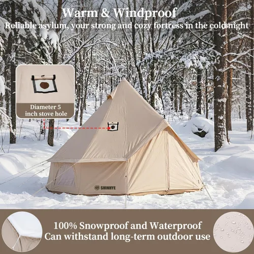 Vista 9 de Tienda de campaña Bell Yurt con gato de estufa, tienda de campaña de lujo impermeable para 4 estaciones, tela Oxford 420D, tiendas de campaña verde