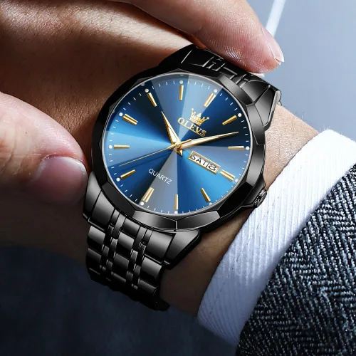 Vista 7 de OLEVS Watch for Men Diamond Business Dress Analog Quartz Stainless Steel Waterproof Luminous Date Two Tone Luxury Casual Wrist Watch Blue