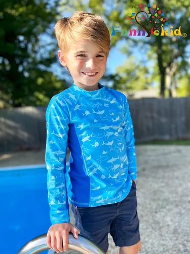 Vista 2 de Funnycokid Camiseta de natación de manga larga UPF 50+ para niños, protección UV, protección solar, natación, surf, 5-12 años