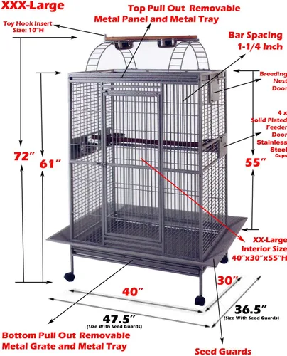 Vista 2 de 40"x30"x72"H, Jaula de pájaros XX-grande con escaleras dobles abiertas en la parte superior, de hierro forjado, para loros, pinzones, guacamayos