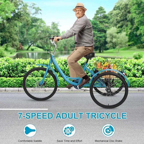 Vista 7 de Triciclo para adultos de 7 velocidades, bicicletas de 3 ruedas de 24 pulgadas, bicicleta de triciclo para adultos con cestas extraíbles, bicicleta