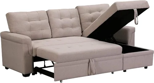 Vista 3 de Sofá modular modular de poliéster de 3 plazas, sofá modular reversible con almohada, sofá en forma de L, sofá convertible para sala de estar Beige