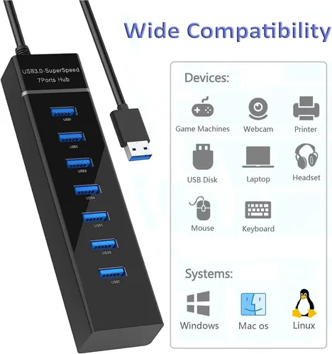 Vista 5 de Extensor divisor de concentrador USB 3.0 de 7 puertos, adaptador multipuerto de 5 Gbps SuperSpeed con cable para laptop, PC, MacBook, Mac Pro/Mini