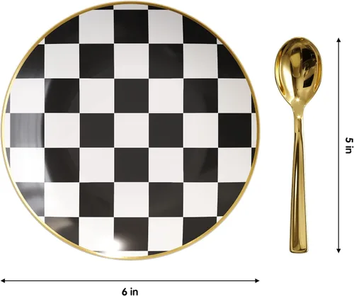 Vista 3 de Trendables Mini platos de postre desechables con cucharas de oro I 120 PCS I Sirves 60 Personas I Platos pequeños a cuadros con gol cuadriculado