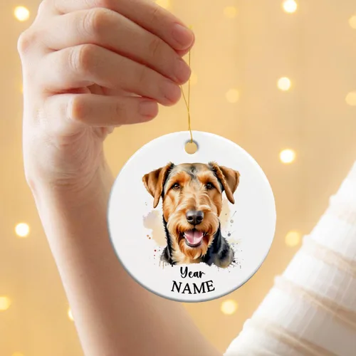 Vista 4 de Adorno de Navidad personalizado para perro Airedale, adorno de cerámica para hombres y mujeres, adornos de cerámica personalizados para perros