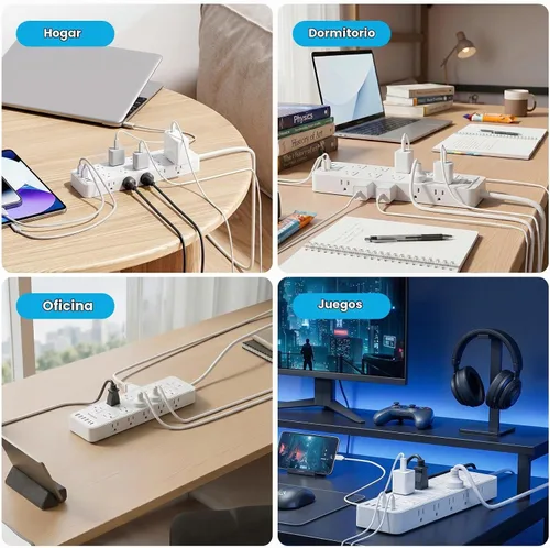 Vista 6 de Regleta de alimentación con enchufe plano, protector contra sobretensiones con 20 tomas de corriente AC y 6 puertos USB de carga, 1875 W/15 A, 2700