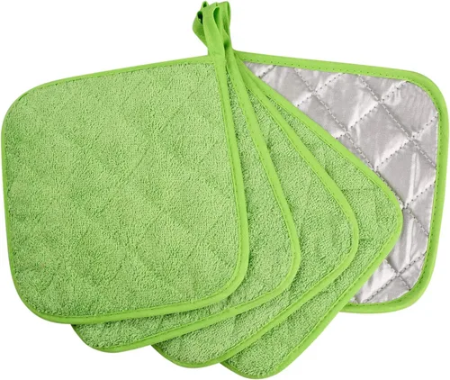 Vista 2 de juego de 5 portavasos de cocina de 100% algodón, resistente al calor, para uso diario, para cocinar y hornear, color verde manzana