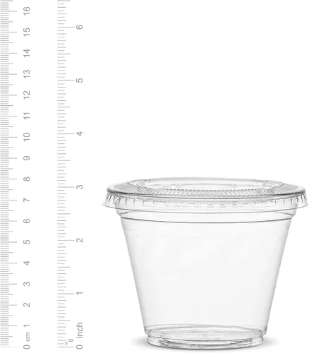 Vista 2 de GUSTO Vasos de plástico transparente con tapas planas [9 onzas – 100 unidades] – Tazas desechables para café helado con tapas – Vasos fríos