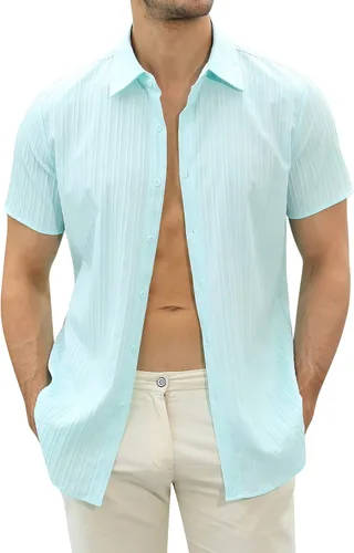 Vista 3 de TURETRENDY Camisas de lino para hombre de manga corta con botones para playa