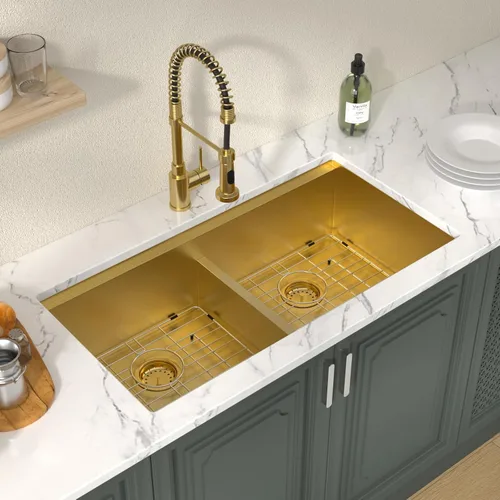 Vista 3 de Lordear 33 Inch Matte Gold Double Bowl Kitchen Sinks Gold-Workstation