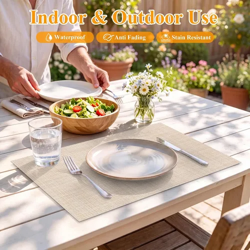 Vista 5 de SHACOS Beige Woven Placemats Set of 4 Place Mats Indoor Outdoor