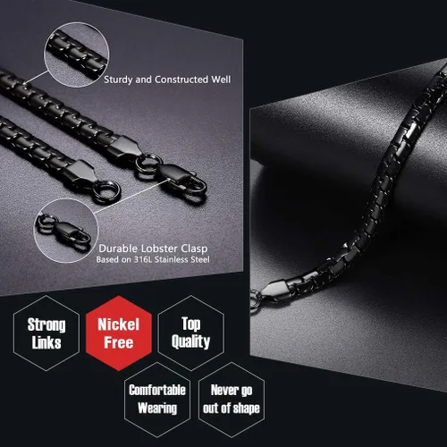 Vista 3 de ChainsPro 46mm Box Chain Necklace,14182224262830inch, 316L Stainless SteelGold PlatedBlack -Send Gift Box