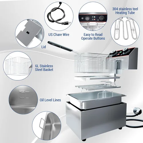 Vista 3 de GarveeHome Freidora comercial con canasta, 11.55 QT/11 L Freidora eléctrica de encimera de acero inoxidable con control de temperatura