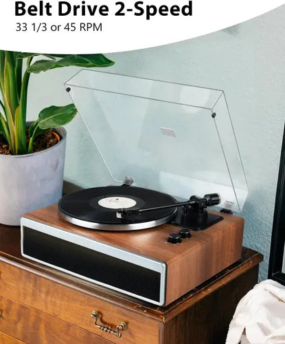 Vista 7 de SeeYing Reproductor de discos de vinilo con altavoces HiFi integrados, tocadiscos Bluetooth de transmisión por correa para discos de vinilo