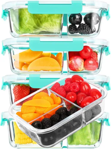 Vista 9 de M MCIRCO [Paquete de 5, 36 onzas] Recipientes de vidrio para preparación de comidas, 3 compartimentos con tapas, recipientes de almuerzo de vidrio