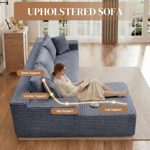 Vista 4 de Sofá modular sin hueso de 95 pulgadas, en forma de L con diván, tapicería de pana suave, asiento profundo, moderno y cómodo sofá para sala de estar