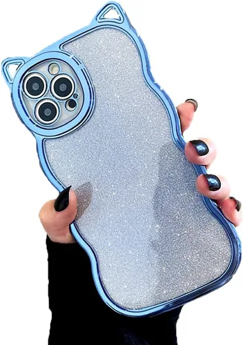 Vista 6 de Funda con purpurina para mujer para iPhone 12 Pro Max, marco ondulado rizado, funda brillante para iPhone 12 Pro Max lindas orejas de gatito en 3D