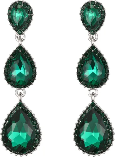 Vista 14 de EleQueen Pendientes de cristal austriaco en tono dorado para mujer, forma de pera de 2.5 pulgadas, color esmeralda