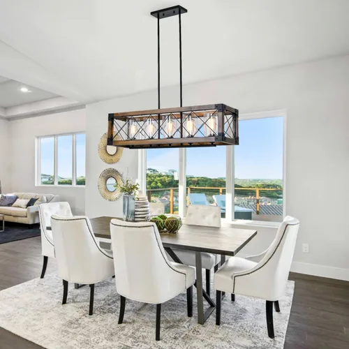 Vista 8 de WJShome Candelabro de granja de 35 pulgadas, iluminación de isla de cocina de 5 luces, lámpara rectangular moderna para comedor, candelabros