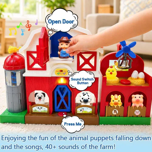 Vista 2 de Juego musical de animales de granja rojos para niños pequeños de 1 a 3 años, juguetes interactivos de animales de granja para niños de 3 a 5 años