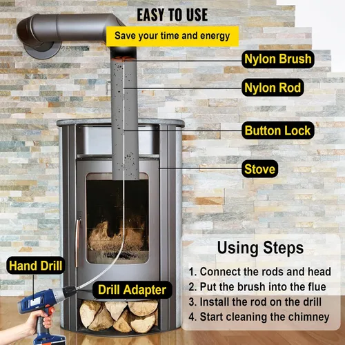 Vista 5 de VEVOR Kit de Limpieza de Chimenea de 20 Pies de Longitud, Kit de Cepillo para Chimenea con 6 Varillas Flexibles de Nylon, Kit de Limpieza