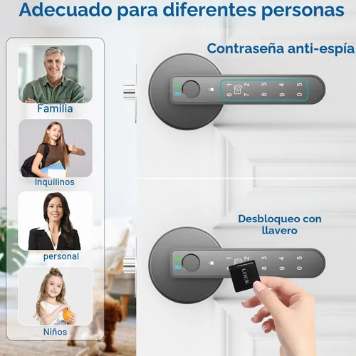 Vista 3 de Cerradura de puerta de huellas dactilares, perilla inteligente 6 en 1 con control de aplicación/huellas dactilares/tarjetas IC/contraseñas/2 llaves