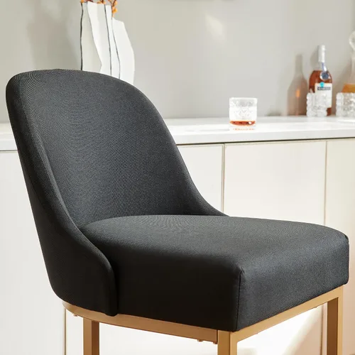 Vista 41 de Leick Home 214536 Barrelback Silla de comedor con base de metal, juego de 2, para comedor, asiento moderno de lino negro y base de metal dorado