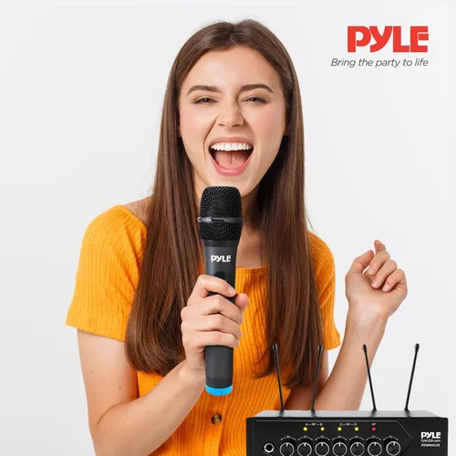 Vista 2 de Pyle Micrófonos inalámbricos, micrófonos duales UHF profesionales para karaoke, sistema de micrófono dinámico inalámbrico con receptor recargable