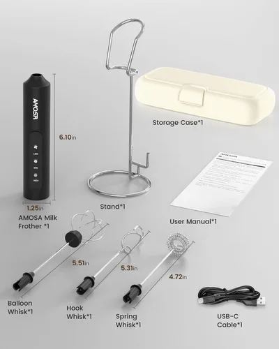 Vista 9 de AMOSA Espumador de leche de mano con soporte, espumador recargable con 3 velocidades y 3 cabezales, espumador de viaje con funda, mezclador de café