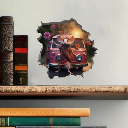 Vista 2 de Pegatina de pared 3D con agujero de ratón de niña hippie boho