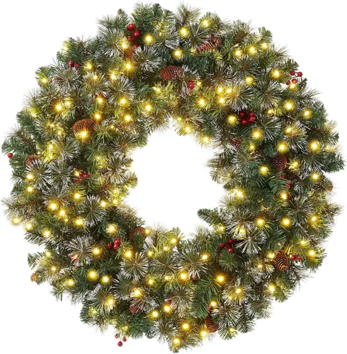Vista 14 de Casafield Corona de Navidad artificial de abeto de 24 pulgadas, decoración navideña, 200 puntas de PVC para puerta delantera, ventana o mantel
