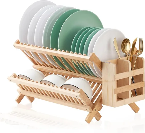 Vista 9 de Escurridor de platos de bambú, estante plegable de 2 niveles con soporte para utensilios, estante de secado de platos de madera para encimera